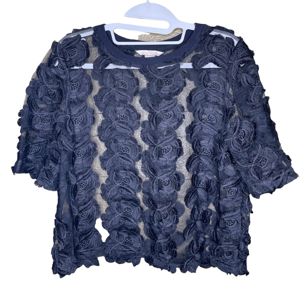 H&M Black Lace Rose Flower Overlay Sheer Mesh Top Shirt Size 6